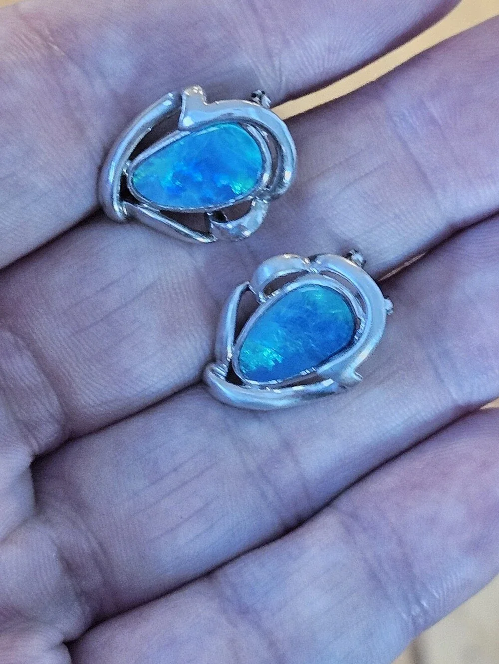 Designer Australian Black Opal Teardrop Sterling Silver Omega Back Earrings 1